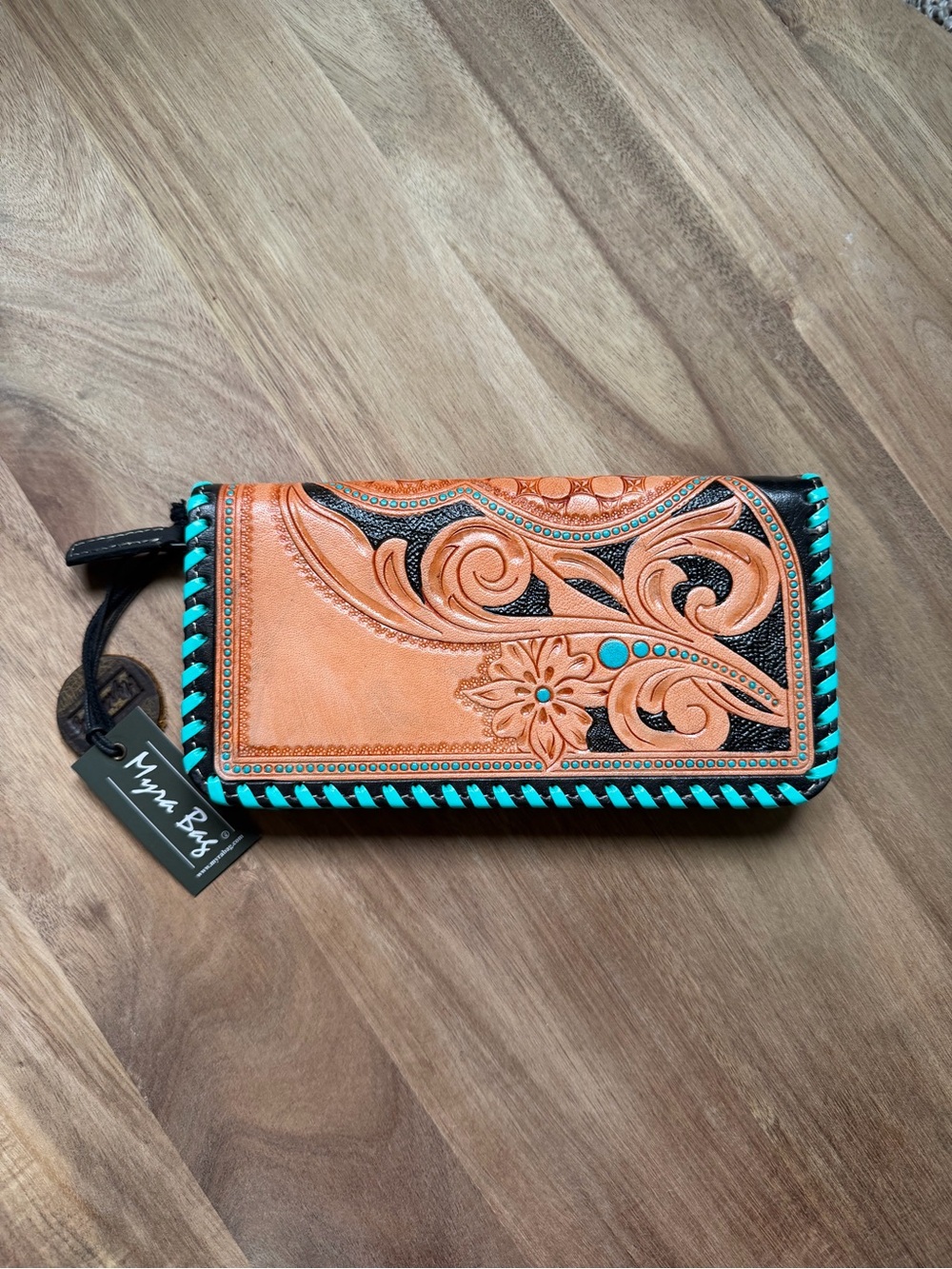 Myra Bag Tan Tooled Leather Wallet with Turquoise Accents